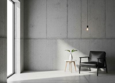 Exposed concrete walls and ceilings